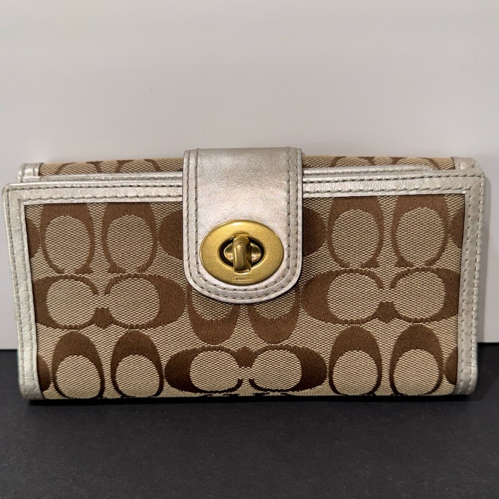 COACH Signature Silver Metallic Turnlock Checkbook Long wallet Khaki Beige
